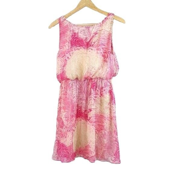 Postmark Rosy Plumes Dress Pink Size 00 Tan Lined Sleeveless Silk Anthropologie - Picture 3 of 6